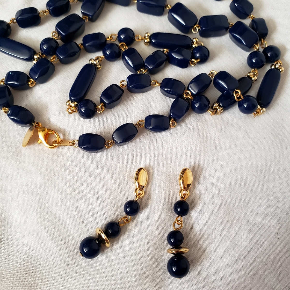 Navy Beaded Necklace And Dangle Earings Set